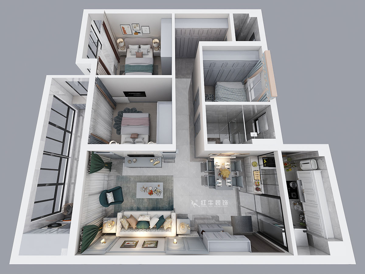 熊浩宇｜蓝光·睿创新筑5-1004-110㎡-简美风格｜3室2厅2卫｜新房装修｜定制家￥231400｜全包20万｜00_04鸟瞰图